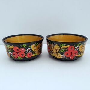 Handcrafted Wood Bowls Painted Floral Artisan Rustic Cabin Farmhouse 4" Set Of 2